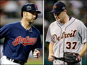 Cleveland Indians slugger Ryan Raburn (L) and Detroit Tigers starting pitcher Max Scherzer.