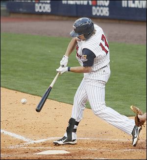 The Mud Hen's Jordan Lennerton connects for one of his two hits on the night.