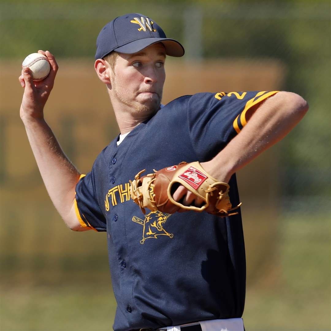 Whitmer-pitcher-Blake-Melchert-34-throws-to-first-base