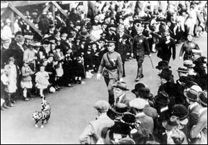 After the war, Sgt. Stubby, shown here with a flag on his tail, marched in or led many parades across the country. He also met three presidents. 