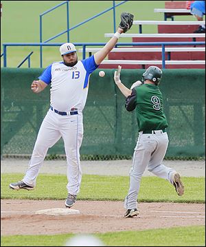 A throw goes over Northwood’s John Segura as Tinora’s Reid Renollet reaches first base.