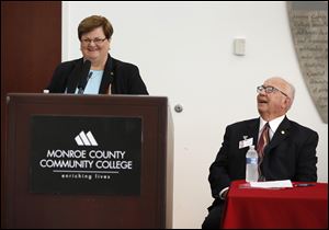 Sister Peg Albert, president of Siena Heights University, and  David Nixon, president of Monroe County Community College, announce the new offering, which will be available this fall.