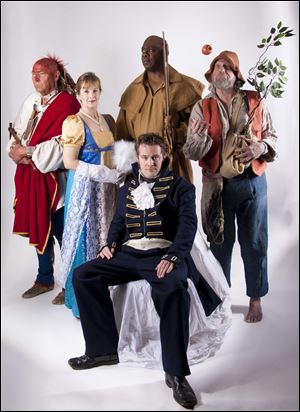 Historical characters, from left, Chief John Logan, Margaret Blennerhasset, York, Johnny Appleseed, and Oliver Hazard Perry (seated) will perform at the Chautauqua event in Rossford in July. 