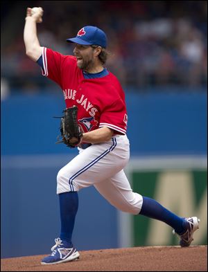 Toronto Blue Jays starting pitcher R.A. Dickey pitches during the first inning in a game the Jays beat Detroit 8-3. 