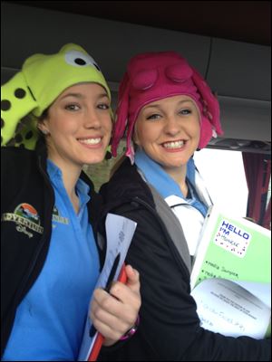 Disney adventure guides Zoe, left and Hanneke don 'Nessie hats' to mark the group’s visit to Loch Ness.