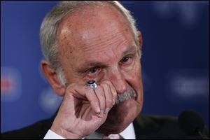 Detroit Tigers baseball manager Jim Leyland announces he is stepping down as manager during a news conference at Comerica Park in Detroit.