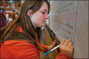 Mariah Abrams adds a line to a story in observance of the National Day of Writing at Monroe High School. Students spent the entire week filling sheets of paper on the school’s walls with observations, remembrances, and story lines.  