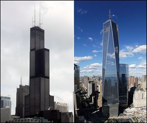 Willis Tower, formerly known as the Sears Tower, in Chicago on March 12, 2008, left, and 1 World Trade Center in New York on Sept. 5, 2013, on the right. 