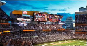 This architect's rendering provided by the Cleveland Browns shows part of a proposed renovation of FirstEnergy Stadium.