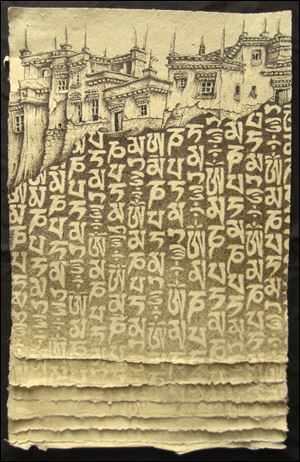 Philip Sugden depicts a small monastery in the Himalayas. The text is in Tibetan, and is a mantra used to help pull the individual into the moment.  More of Sugden's work will be on view Saturday in a pop-up gallery at 317 S. Main St., Findlay.