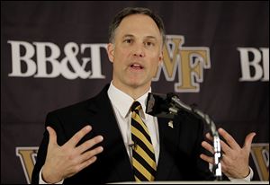 Dave Clawson is introduced as the new football coach for Wake Forest. In five seasons, he led the Falcons to a 32-31 record and clinched the program’s first league title since 1992.