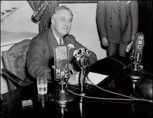 President Franklin D. Roosevelt delivering one of his fireside chats. He contended that the country faced a crisis that required a practical response.