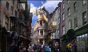 This artist rendering released by Universal Orlando shows the new Harry Potter area called Diagon Alley, opening at Universal Orlando Resort this summer. 