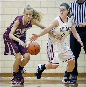 Rossford's Margo Jackson, right, steals the ball from Genoa's Erica Harder. Rossford improved to 13-6 on the season.