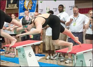 Cheyenne Meek of Port Clinton starts in 100-yard freestyle at the state meet. She was eighth in the race but took third in the 50 free.