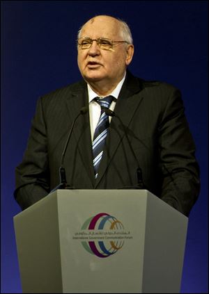 Former Soviet leader Mikhail Gorbachev, makes a speech to a forum on government communications in Sharjah, United Arab Emirates, today.