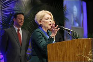 Award winner Marcy McMahon speaks during the annual Jefferson Awards breakfast. She established the Northwest Ohio Chapter of the Make-A-Wish Foundation in 1984.