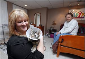 Kristi Polus and her husband, Bruce Yunker, are fostering Olaf while he recovers. ‘If we didn’t have our other cats, we’d keep him in a heartbeat,’ Ms. Polus said.