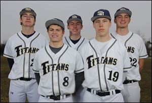 St. John’s Jesuit will be led by returning senior starters, from left, Pete Burkett, Alex Gum, Jacek Czerwinski, Collin Korte, and Nolan Silberhorn.