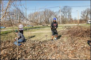 D’Ante Bowen, a St. John’s Jesuit High School junior, right, and Amber Bridinger, an eighth grader at Gateway Middle School in Maumee, participate on Global Youth Service Day with Denny Garvin, Toledo’s commissioner of Parks, Recreation, and Forestry. Students worked at several area locations on Saturday. 