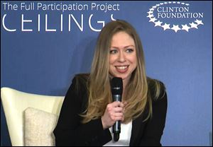 Chelsea Clinton speaks to the audience as she co-hosts Girls: A No Ceilings Conversation today in New York. The daughter of former president Bill Clinton and former Secretary of State Hillary Rodham Clinton, announced at the event that she is pregnant with her first child.