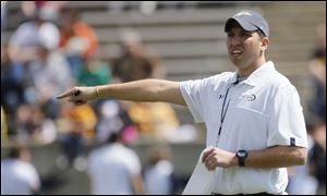 Rockets' head coach Matt Campbell directs his team during the spring game last Saturday.