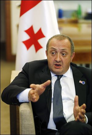 President of Georgia Giorgi Margvelashvili speaks during an interview with The Associated Press after a meeting on the 5th anniversary of the Eastern Partnership at the Prague Castle in Prague, Czech Republic today.