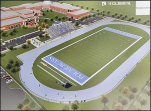 An artist’s rendering shows what the stadium will look like. It is scheduled to be completed by the end of August.