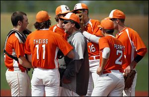 Southview head coach Ed Mouch talk to his players during the sixth inning of the Division I District baseball semifinals.