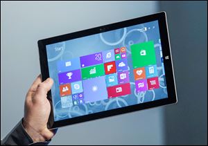 The Surface Pro 3 tablet device has a screen measuring 12 inches diagonally, up from 10.6 inches in previous models. Microsoft says it’s also thinner and faster than before.