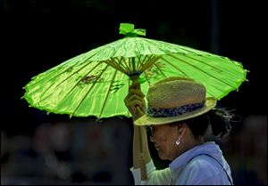 A pedestrian shields under a parasol from the hot sun in the Echo Park district in Los Angeles in May. A heat wave gripped California compounding the critical drought conditions across the state.