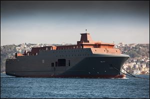 A Norwegian vessel passing through the Bosporus in Istanbul Turkey in March. The mysterious ship the size of a large passenger ferry was a $250 million spy ship that will be equipped with sensors and other technology to snoop on Russia's activities in the Arctic beginning in 2016.