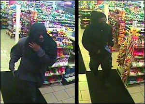 Surveillance video images showing two men sought by police in multiple robberies.