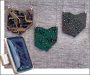 Circuit board jewelry pieces from jeweler Jaci Riley.