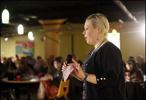 Silke Goudos presents 419tales during a Toledo SOUP event at the Toledo School for the Arts.