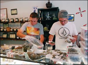 Associates Rory Turnbull, left, and Chris Hewitt prepare bags of marijuana buds for sale at the Nature Scripts medical marijuana dispensary in Murphy, Ore., Wednesday, Sept. 30, 2015. 