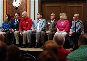 Perrysburg City Council candidates Ashley Renee McMahon, left, and Haraz N. Ghanbari; Perrysburg School Board of Education candidates: James P. Matuszak, Chip Pfleghaar, Barry E. VanHoozen, Deborah L. Born, and J.Todd Grayson.