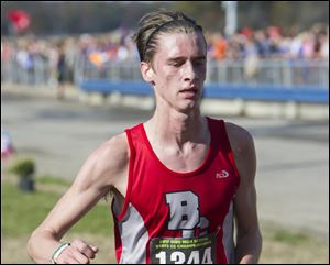 Bowling Green High School's Zach Applegate crosses the finish line during the Ohio High School Div. I Cross Country Championship in Hebron, Ohio Saturday. Applegate placed fourth in the state.