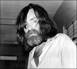 Convicted murderer Charles Manson is photographed during an interview with television talk show host Tom Snyder in 1981.