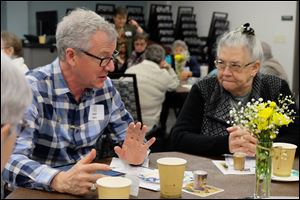 Pat Mills, left, talking with Sr. Mary Peter Kaminski.