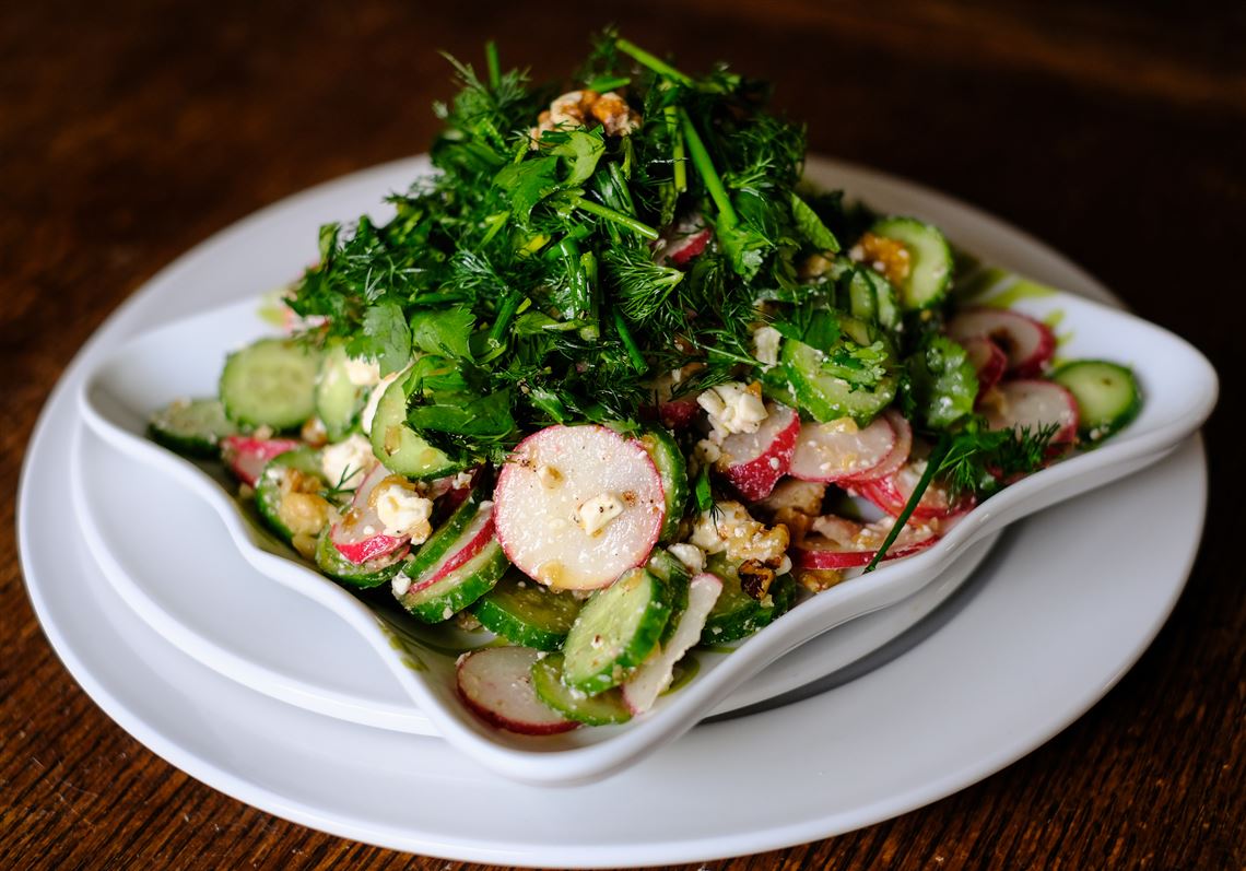 Garnish Bowling Ball Countertop Decoration herb and radish salad with feta and walnuts