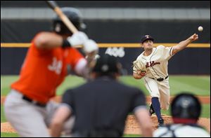 Toledo Mud Hens pitcher Tyler Alexander throws against the Norfolk Tides in a game this season. Alexander allowed three runs in his start at Indianapolis on Wednesday afternoon.