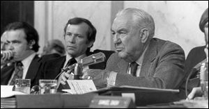 Sen. Sam Ervin, right, chairs the Senate Watergate hearings in 1973. At left is Fred Thompson, then a minority counsel and later a senator himself. At center is Sen. Howard Baker.