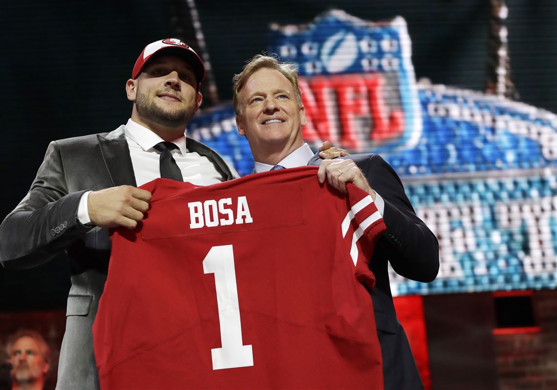 Quinnen Williams from Alabama holds up his jersey after being picked number  three over all by Jets in the 2019 NFL Draft in Nashville, Tennessee on  April 25, 2019. Photo by John