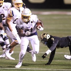 October 5, 2019: Western Michigan LeVante Bellamy #2 tries to shake off a  Toledo defender during the NCAA football game between the Toledo rockets  and the Western Michigan Broncos at the Glass