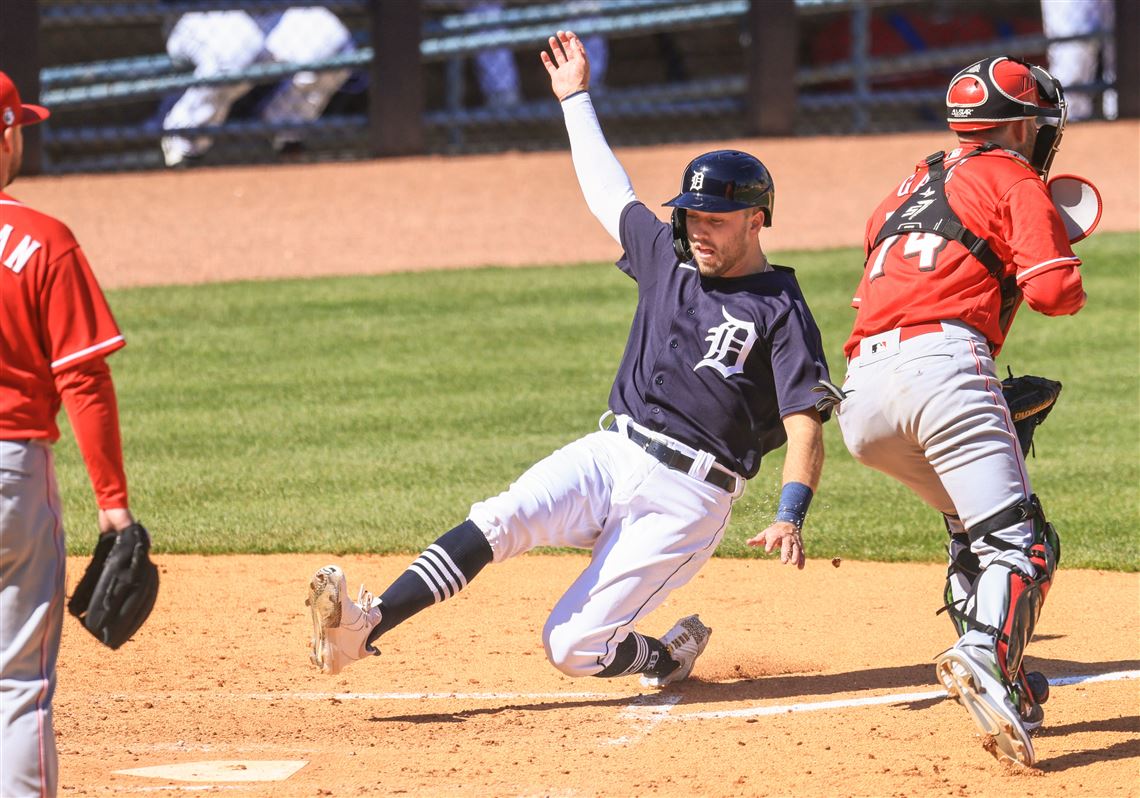 Kody Clemens of the Detroit Tigers celebrates scoring a second