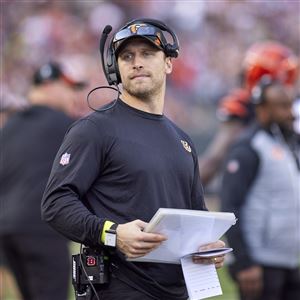 Cincinnati Bengals defensive quality control coach Jordan Kovacs looks on during a game between the Cincinnati Bengals and the Baltimore Ravens on Dec. 26, 2021, at Paul Brown Stadium in Cincinnati. 