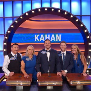 The Kahan family, of Sylvania, poses on the set of Family Feud in June 2021. From left to right are: Steve, Christine, Cody, R.J. and Emily.  