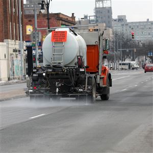 Toledo Division of Streets, Bridges, & Harbor sprays salt brine on Monroe St. near 17th St. in preparation for snow on Feb. 11, 2020.  