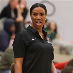 Central Catholic coach Ericka Haney during a girls high school basketball game, Dec. 6, 2021. (THE BLADE/KURT STEISS)